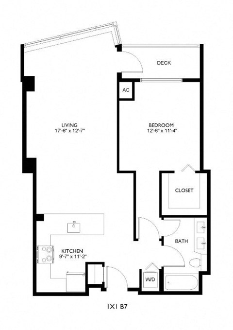 Floor plan for 1 bed, 1 bath, 872 sqft